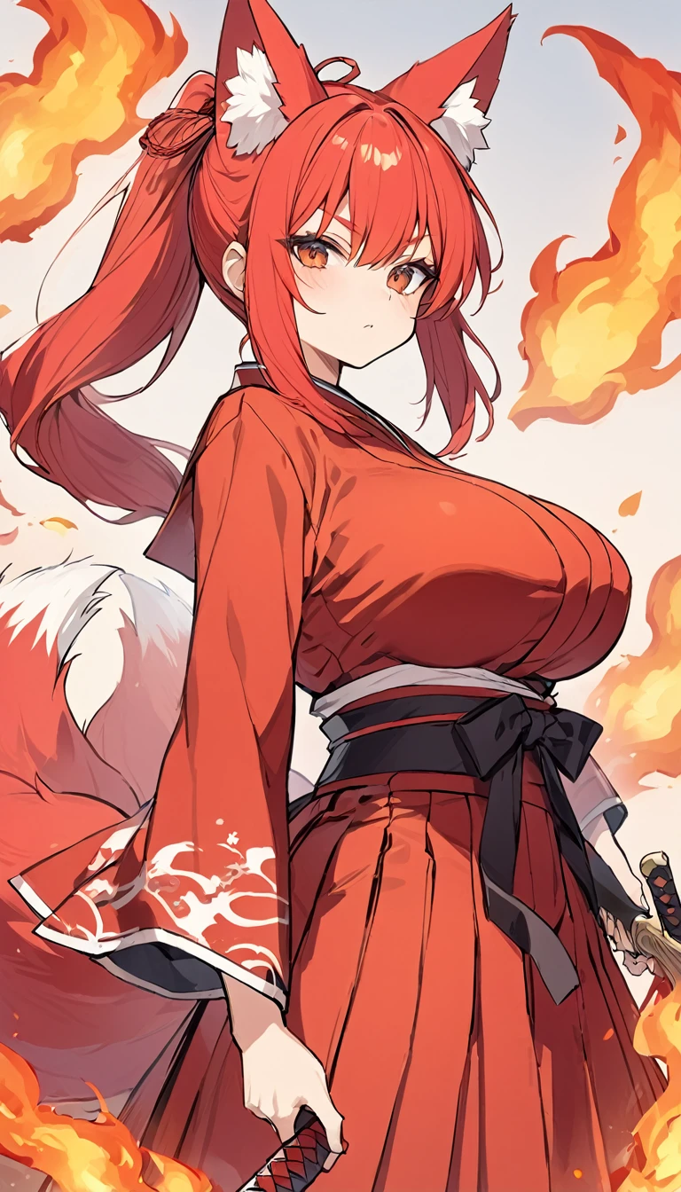 Long red ponytail Red fox ears and nine fox tails Very large bust Hakama with a red jacket Sword Flames Older sister