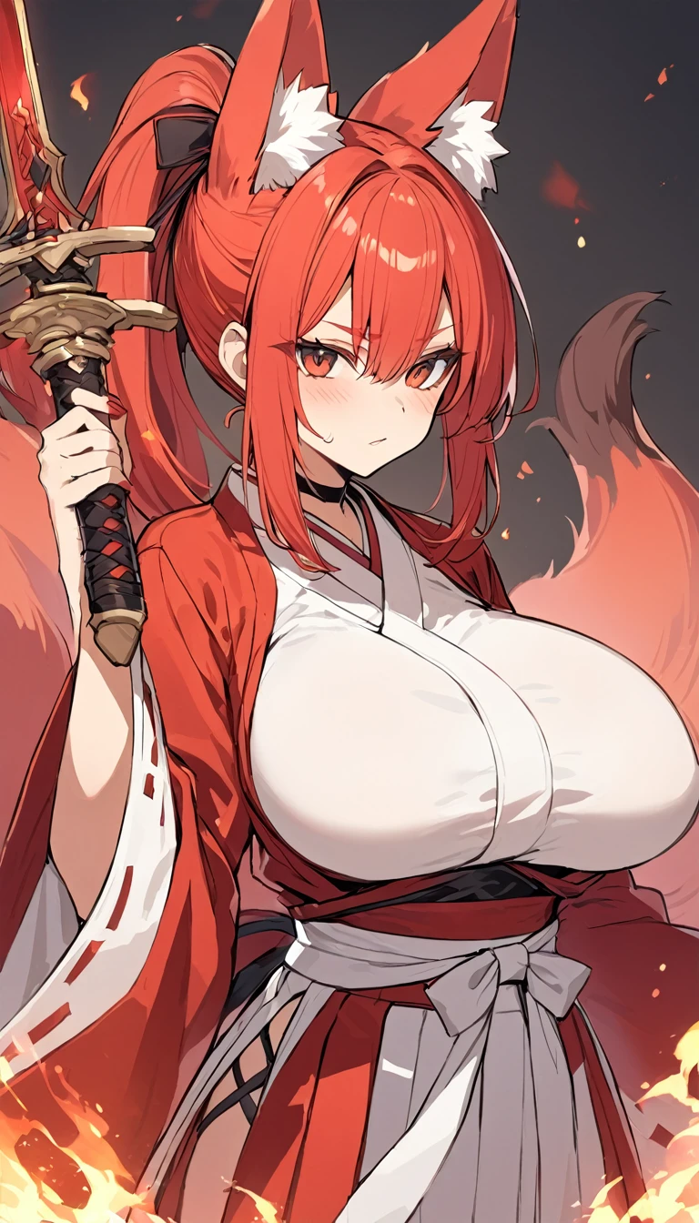 Long red ponytail Red fox ears and nine fox tails Very large bust Hakama with a red jacket Sword Flames Older sister