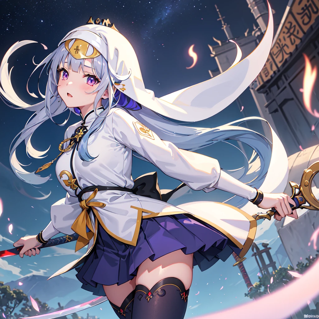1girl, japanese clothes, ponytail ,white hair, purple eyes, magic circle, blue fire, blue flames, wallpaper, landscape, blood, blood splatter, depth of field, night, light particles, light rays, sidelighting, thighs, fate \(series\), genshin impact, ****, open jacket, skirt, thighhighs, cloud、1 girl、(church)、Depth of written boundary、The focus is clear、sun rays、Good composition、(Bokeh:1.2) 1 girl、solo、(whole body)、(Mouth closed)、The fine details are beautiful、Pause、Waistline、(((Dresessy Hair、Long hair floating in the wind、hiqcgbody、((Blunt Bangs))、Blue Hair、Yellow Eyes、((long hair))、Medium breast、Sister、Nun、scimitar、Hold the sword、battle、Crescent Blade、Face Veil