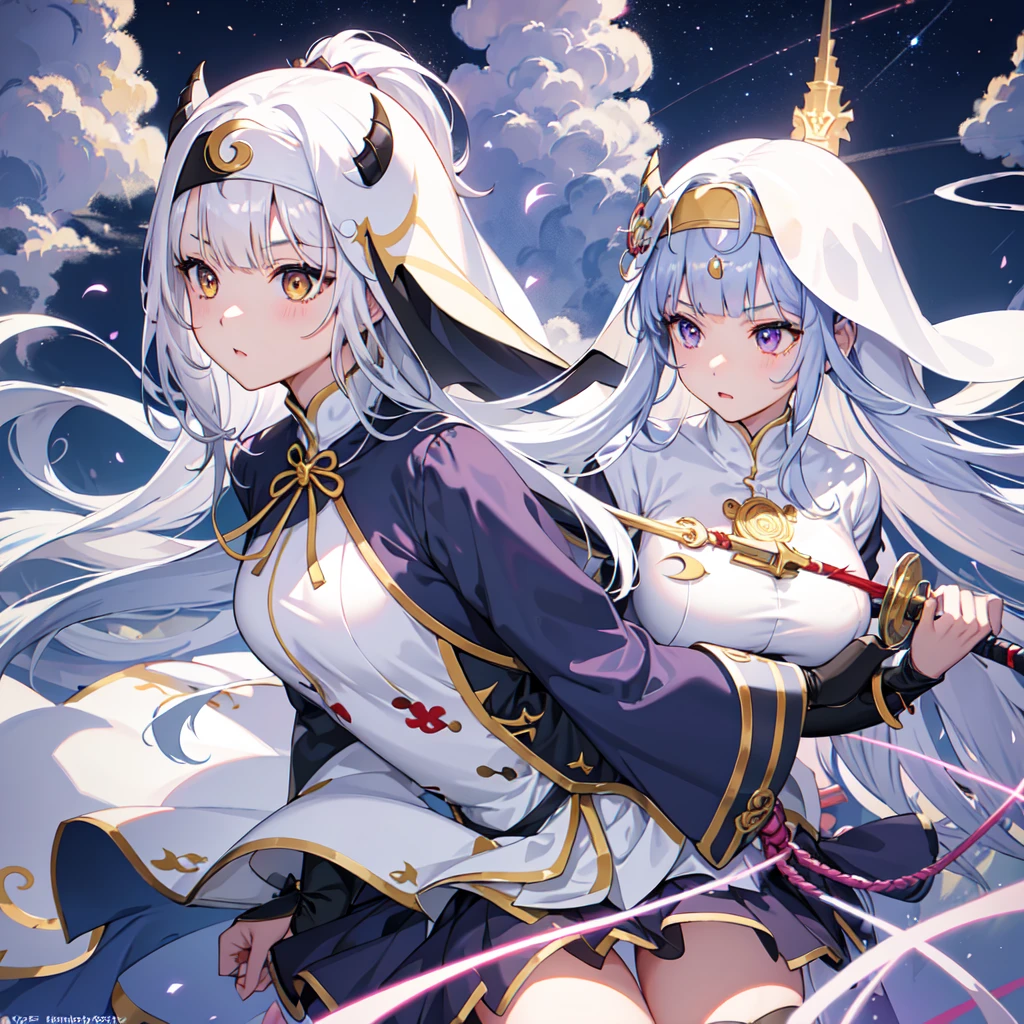 1girl, japanese clothes, ponytail ,white hair, purple eyes, magic circle, blue fire, blue flames, wallpaper, landscape, blood, blood splatter, depth of field, night, light particles, light rays, sidelighting, thighs, fate \(series\), genshin impact, ****, open jacket, skirt, thighhighs, cloud、1 girl、(church)、Depth of written boundary、The focus is clear、sun rays、Good composition、(Bokeh:1.2) 1 girl、solo、(whole body)、(Mouth closed)、The fine details are beautiful、Pause、Waistline、(((Dresessy Hair、Long hair floating in the wind、hiqcgbody、((Blunt Bangs))、Blue Hair、Yellow Eyes、((long hair))、Medium breast、Sister、Nun、scimitar、Hold the sword、battle、Crescent Blade、Face Veil
