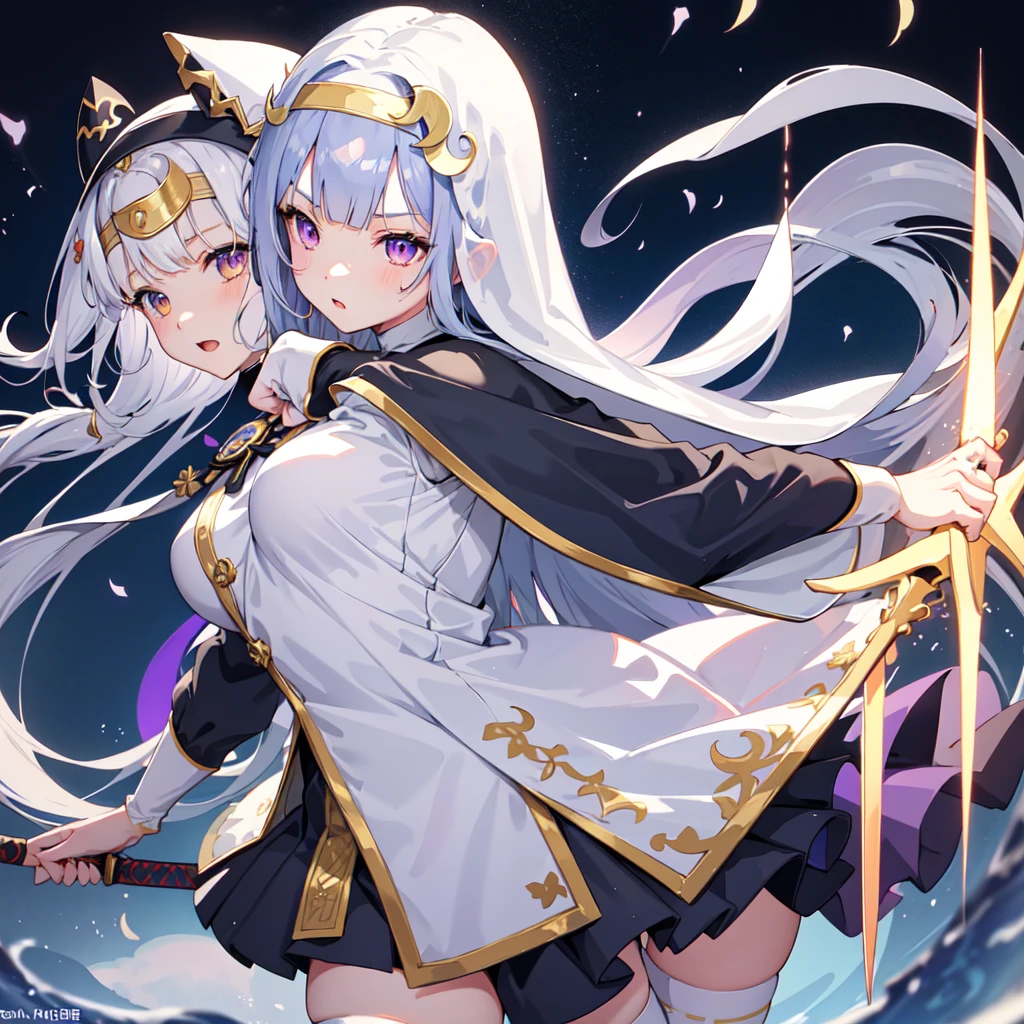1girl, japanese clothes, ponytail ,white hair, purple eyes, magic circle, blue fire, blue flames, wallpaper, landscape, blood, blood splatter, depth of field, night, light particles, light rays, sidelighting, thighs, fate \(series\), genshin impact, ****, open jacket, skirt, thighhighs, cloud、1 girl、(church)、Depth of written boundary、The focus is clear、sun rays、Good composition、(Bokeh:1.2) 1 girl、solo、(whole body)、(Mouth closed)、The fine details are beautiful、Pause、Waistline、(((Dresessy Hair、Long hair floating in the wind、hiqcgbody、((Blunt Bangs))、Blue Hair、Yellow Eyes、((long hair))、Medium breast、Sister、Nun、scimitar、Hold the sword、battle、Crescent Blade、Face Veil