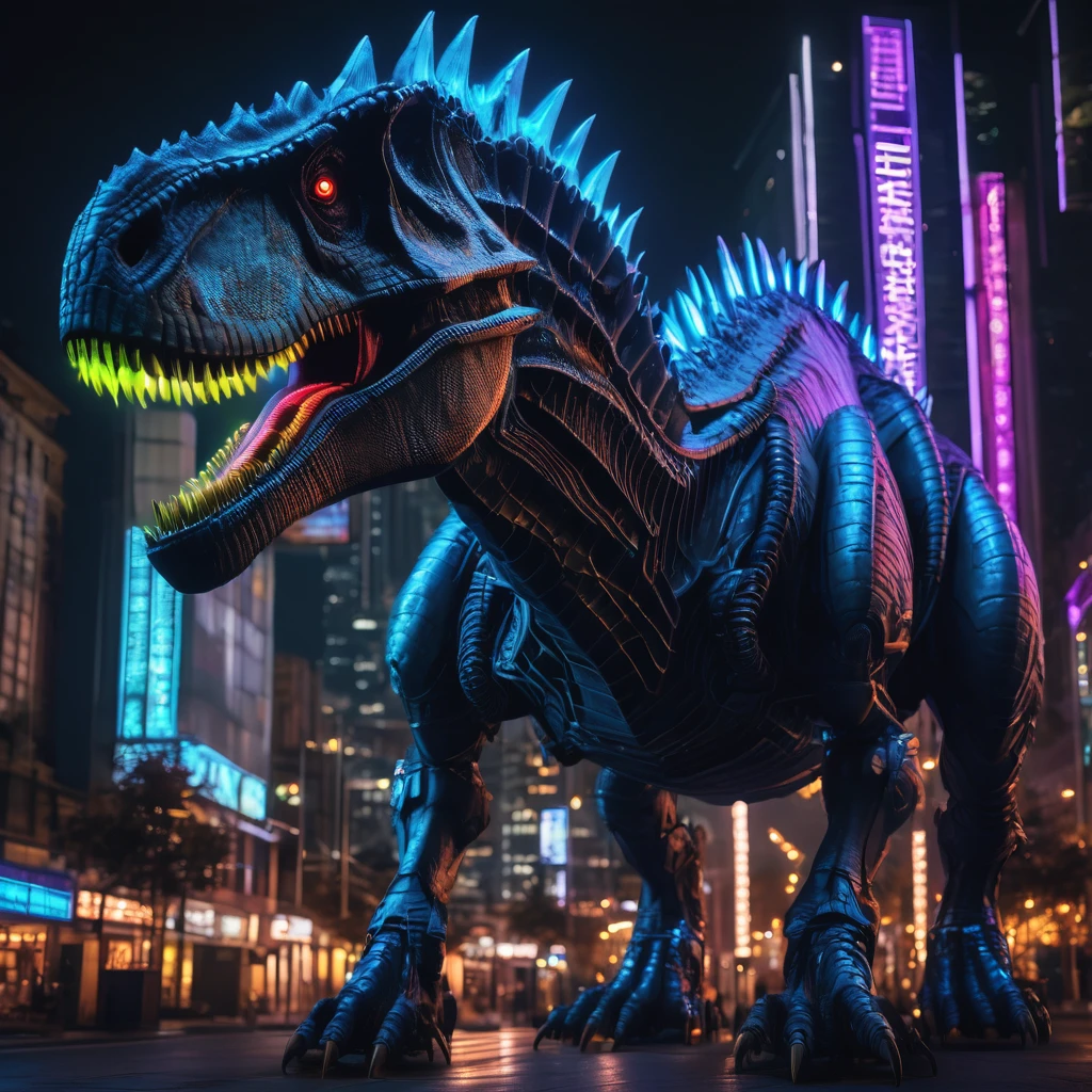 mechanical tyrant dinosaur in the city, scary, glowing blue eyes, neon lights, ultra-realistic, best quality, 8k