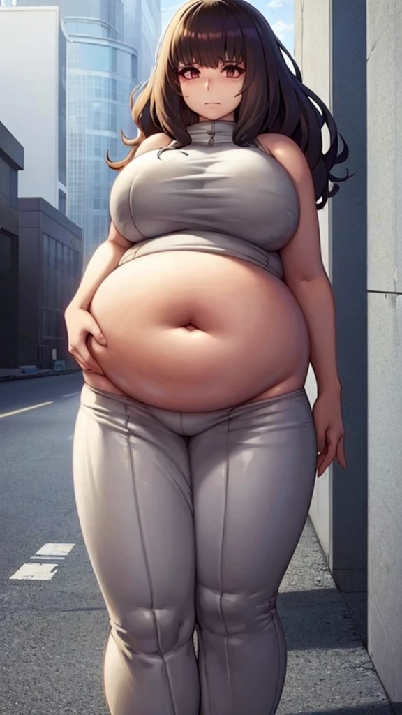 ((best qualityer)), ((anime lineart)), a tall woman with bangs and wavy hair, Naked, fat midriff, fat thighs, fat rounded hips, (fat belly:0.8)