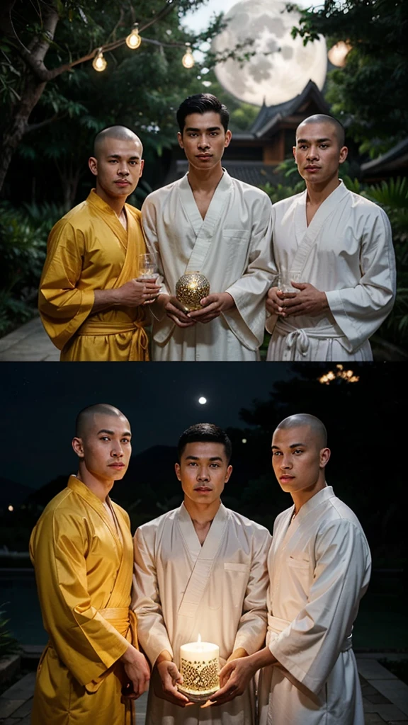 Three 23-year-old young men wore traditional robes as in Thailand. The three monks were of Chinese descent, meditating, wearing modest robes but not wearing angsa. Has clear muscles, white skin, and a handsome face. Beaming Three people with freshly shaved heads and eyebrows sat together, all three of them caressing a large yellow candle. The background is nighttime. There is a full moon floating in the middle of the sky with twinkling stars. Realistic picture.