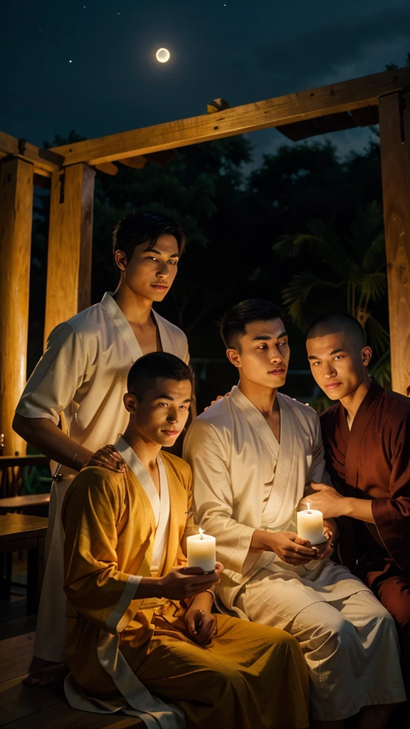 Three 23-year-old young men wore traditional robes as in Thailand. The three monks were of Chinese descent, meditating, wearing modest robes but not wearing angsa. Has clear muscles, white skin, and a handsome face. Beaming Three people with freshly shaved heads and eyebrows sat together, all three of them caressing a large yellow candle. The background is nighttime. There is a full moon floating in the middle of the sky with twinkling stars. Realistic picture.