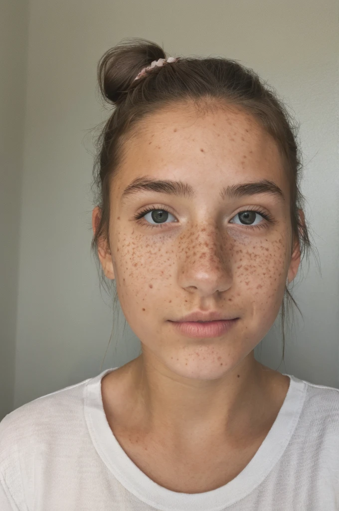 A pretty 14 years old girl, hair bun, freckles, sexy, happy