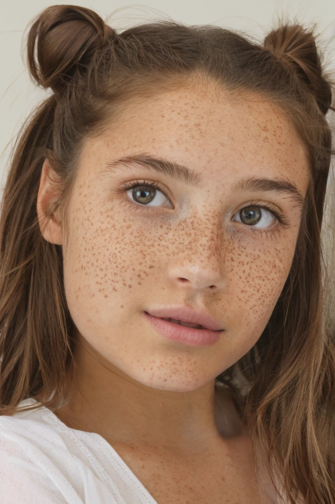 A pretty 14 years old girl, hair bun, freckles, sexy, happy