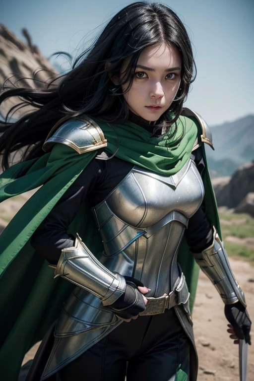 young woman, with straight black hair and brown eyes. White armor-style hero costume with light green details with a dark blue cape and shoulder pad, with green sword in hand 