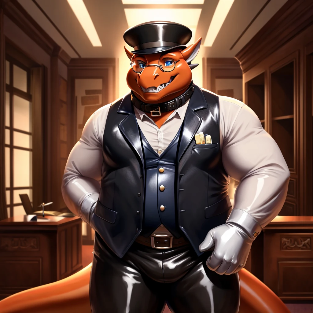 Solo, Male, fat, extremely obese, gentleman, dapper Professor Dragon, mob boss, blue eyes, (posing:1.3), (soft shading), 4k, hi res, ((detailed face, detailed)), looking at viewer, mouth wide open, dapper clothing, collared shirt with buttons, bowler hat, male focus, Explorer Outfit, glasses, monocle, vest with buttons, sleeves rolled up, round eyewear, brown headwear, brown vest, office, Dragon is wearing a glossy leather dog collar around the neck, Dragon is wearing the leather collar and shirt and vest at the same time, Dragon is wearing glossy white rubber gloves on the hands, wearing white rubber gloves on the feet, gloves are rubber in texture, clenching teeth, clenching fists, leather collar is glossy and shiny with a lot of detail, Dragon is wearing gloves and leather collar at the same time, leather collar has a round dog-tag, leather collar is thick and detailed, leather collar is glossy and shiny, fancy clothing, dapper vest, dapper shirt, leather collar is thick, glossy leather collar.