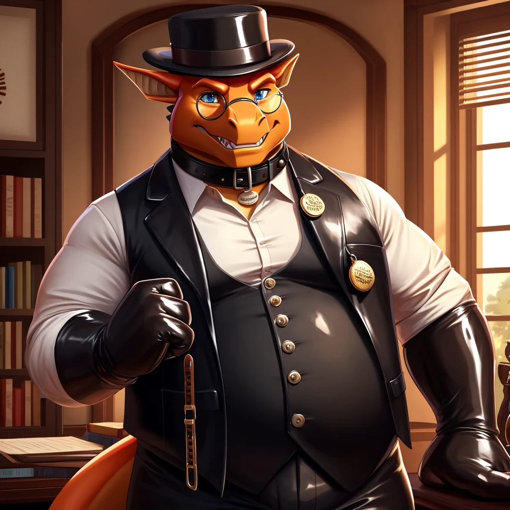 Solo, Male, fat, extremely obese, gentleman, dapper Professor Dragon, mob boss, blue eyes, (posing:1.3), (soft shading), 4k, hi res, ((detailed face, detailed)), looking at viewer, mouth wide open, dapper clothing, collared shirt with buttons, bowler hat, male focus, Explorer Outfit, glasses, monocle, vest with buttons, sleeves rolled up, round eyewear, brown headwear, brown vest, office, Dragon is wearing a glossy leather dog collar around the neck, Dragon is wearing the leather collar and shirt and vest at the same time, Dragon is wearing glossy white rubber gloves on the hands, wearing white rubber gloves on the feet, gloves are rubber in texture, clenching teeth, clenching fists, leather collar is glossy and shiny with a lot of detail, Dragon is wearing gloves and leather collar at the same time, leather collar has a round dog-tag, leather collar is thick and detailed, leather collar is glossy and shiny, fancy clothing, dapper vest, dapper shirt, leather collar is thick, glossy leather collar.