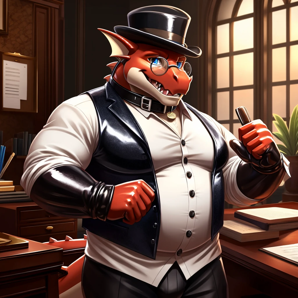 Solo, Male, fat, extremely obese, gentleman, dapper Professor Dragon, mob boss, blue eyes, (posing:1.3), (soft shading), 4k, hi res, ((detailed face, detailed)), looking at viewer, mouth wide open, dapper clothing, collared shirt with buttons, bowler hat, male focus, Explorer Outfit, glasses, monocle, vest with buttons, sleeves rolled up, round eyewear, brown headwear, brown vest, office, Dragon is wearing a glossy leather dog collar around the neck, Dragon is wearing the leather collar and shirt and vest at the same time, Dragon is wearing glossy white rubber gloves on the hands, wearing white rubber gloves on the feet, gloves are rubber in texture, clenching teeth, clenching fists, leather collar is glossy and shiny with a lot of detail, Dragon is wearing gloves and leather collar at the same time, leather collar has a round dog-tag, leather collar is thick and detailed, leather collar is glossy and shiny, fancy clothing, dapper vest, dapper shirt, leather collar is thick, glossy leather collar.