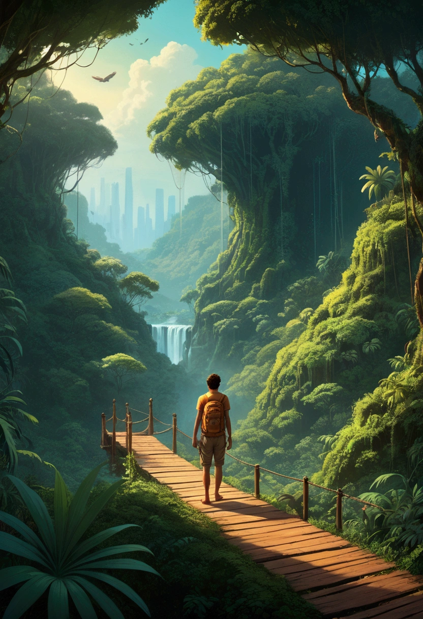 Jungle Adventure, full body, by Brian Froud, cinematic still, (best quality, masterpiece), very aesthetic, perfect composition, intricate details, ultra-detailed, vivid colors
