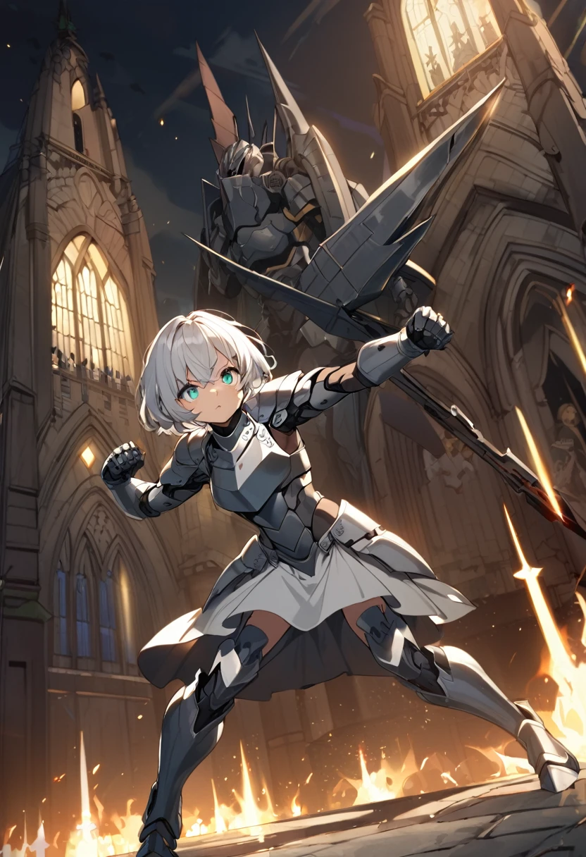 1girl, iron skin, aqua eyes, white hair, very short hair, gray dress, iron maiden armor, gray armor, church, night ambience, fighting pose, fullbody
