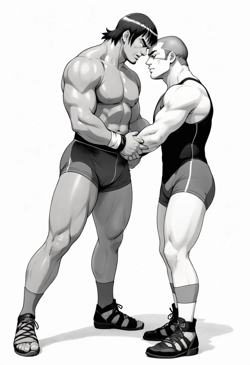 manga, monochrome, white background, middle-aged heel wrestler wearing gray short tights, boy wrestler, face each other,
