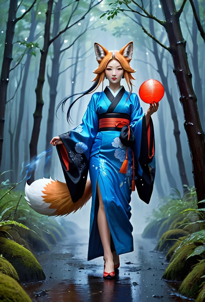 Masterpiece, Extremely detailed, (A beautiful kitsune woman walking in a rainy forest holding a small ball of blue fire), facing viewer, dynamic pose , fox ears, nine fox tails, BREAK traditional Japanese clothing with white, red, and black colors.