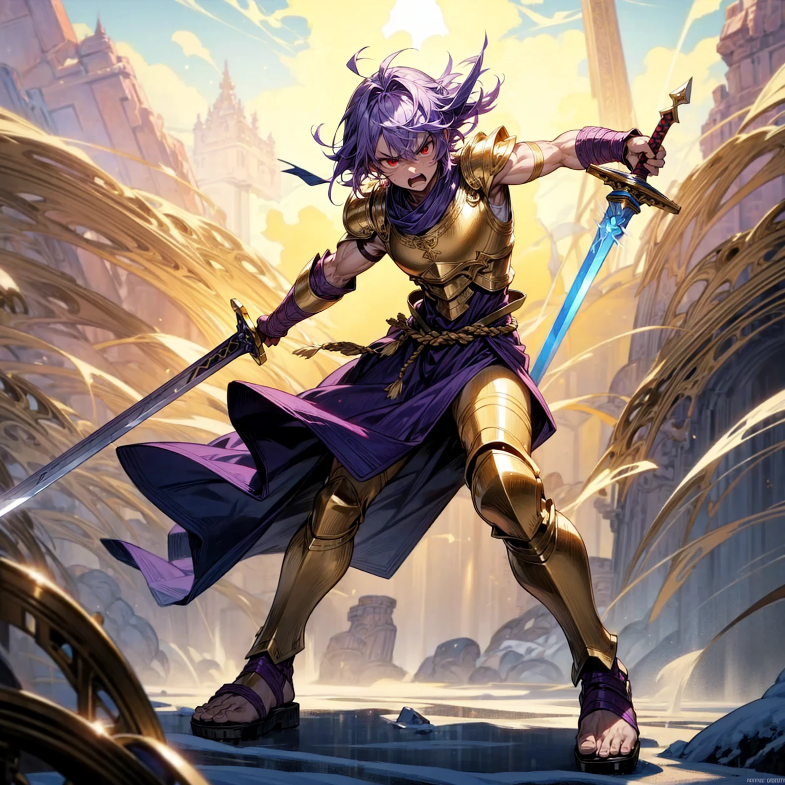 boy, big muscle, Full background in snow Castle, red eyes, angry, angry eyes, short Curly hairstyle, purple colour hair, motion blur, lighting, gold armor, two sword in two hand, sandals, ancient Greek clothing, smoke effect, fire effect, blood on sword, lighting on sword