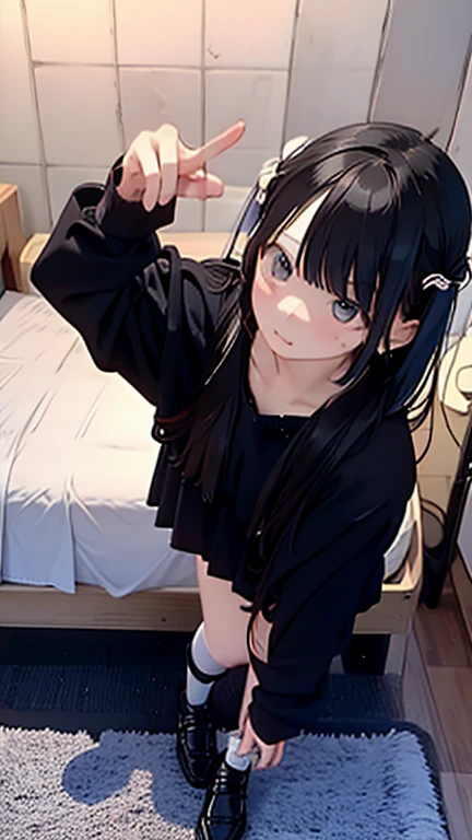 (Highest quality), (masterpiece), 1080P, High resolution, 4K, 8k, Thigh straps, Shooting from directly below, The woman on top of me, Nipples, 白いSweat, Covered , Sweat, Woman looking down, Micro Bikini, Skirt swimsuit, Thigh-high socks, To achieve this, , Small breasts, whole body, Black leather shoes, Braided hair, Inner Color, Embarrassed face, Short black hair, bracelet, Bedroom