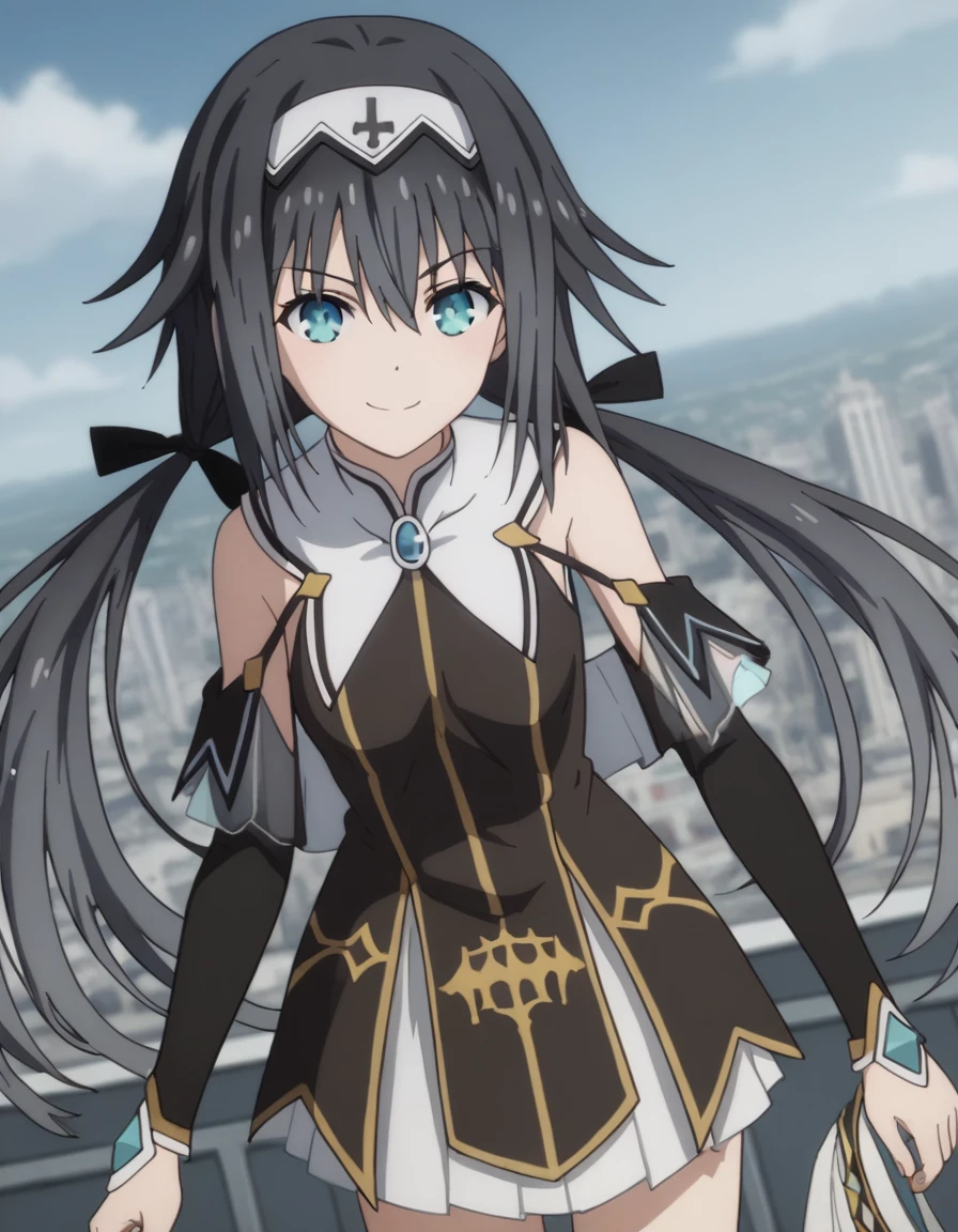 score_9, score_8_up, score_7_up, source_anime,
nibelcole,  nibelcole, long hair, blue eyes, black hair, hair between eyes, twintails, very long hair, hairband, low twintails, white hairband,
skirt, detached sleeves, sleeveless, white skirt, black sleeves,
cityscape, bent over, smile,
looking at viewer, solo, cowboy shot, dutch angle,clothes off, clothes removed,striptease