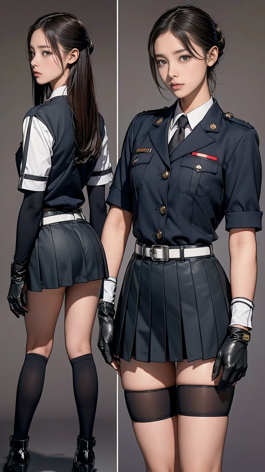 ((masterpiece)),(((Highest quality))),((Reference Sheet, Character Design, front, return, ~ ~ ~ side, Mr...々Hairstyle, Mr...々performance, Facial Expressions)), -yeld gi Cute type, (Very slim:1.4), (Very small ass:1.4), Realistic buttocks, Big Breasts, Short Bob, Thin thighs, Long legs, It's not a big deal, ((gloves, uniform, mini skirt, army, army ,belt)), ((Browsing Caution:1.0))