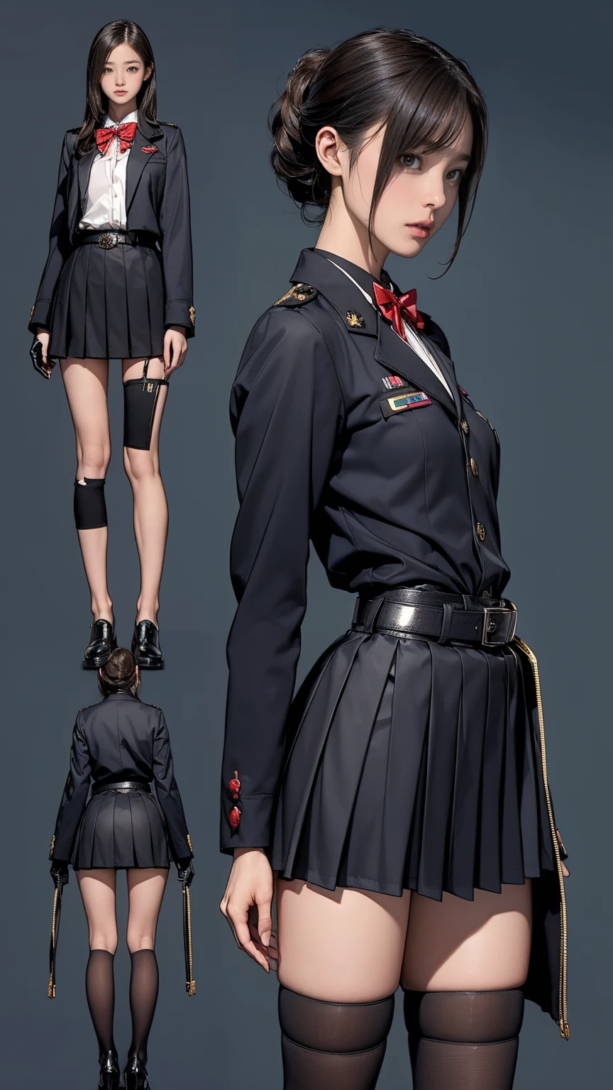 ((masterpiece)),(((Highest quality))),((Reference Sheet, Character Design, front, return, ~ ~ ~ side, Mr...々Hairstyle, Mr...々performance, Facial Expressions)), 14-year-old girl, Cute type, (Very slim:1.4), (Very small ass:1.4), Realistic buttocks, Big Breasts, Short Bob, Thin thighs, Long legs, It's not a big deal, ((gloves, uniform, mini skirt, army, army ,belt)), ((Browsing Caution:1.0))