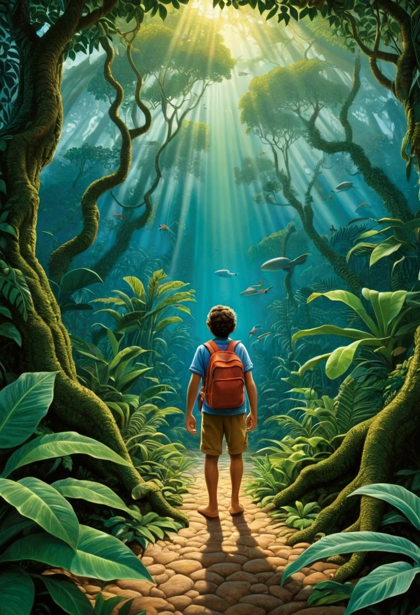Jungle Adventure, full body, by Brian Froud, cinematic still, (best quality, masterpiece), very aesthetic, perfect composition, intricate details, ultra-detailed, vivid colors