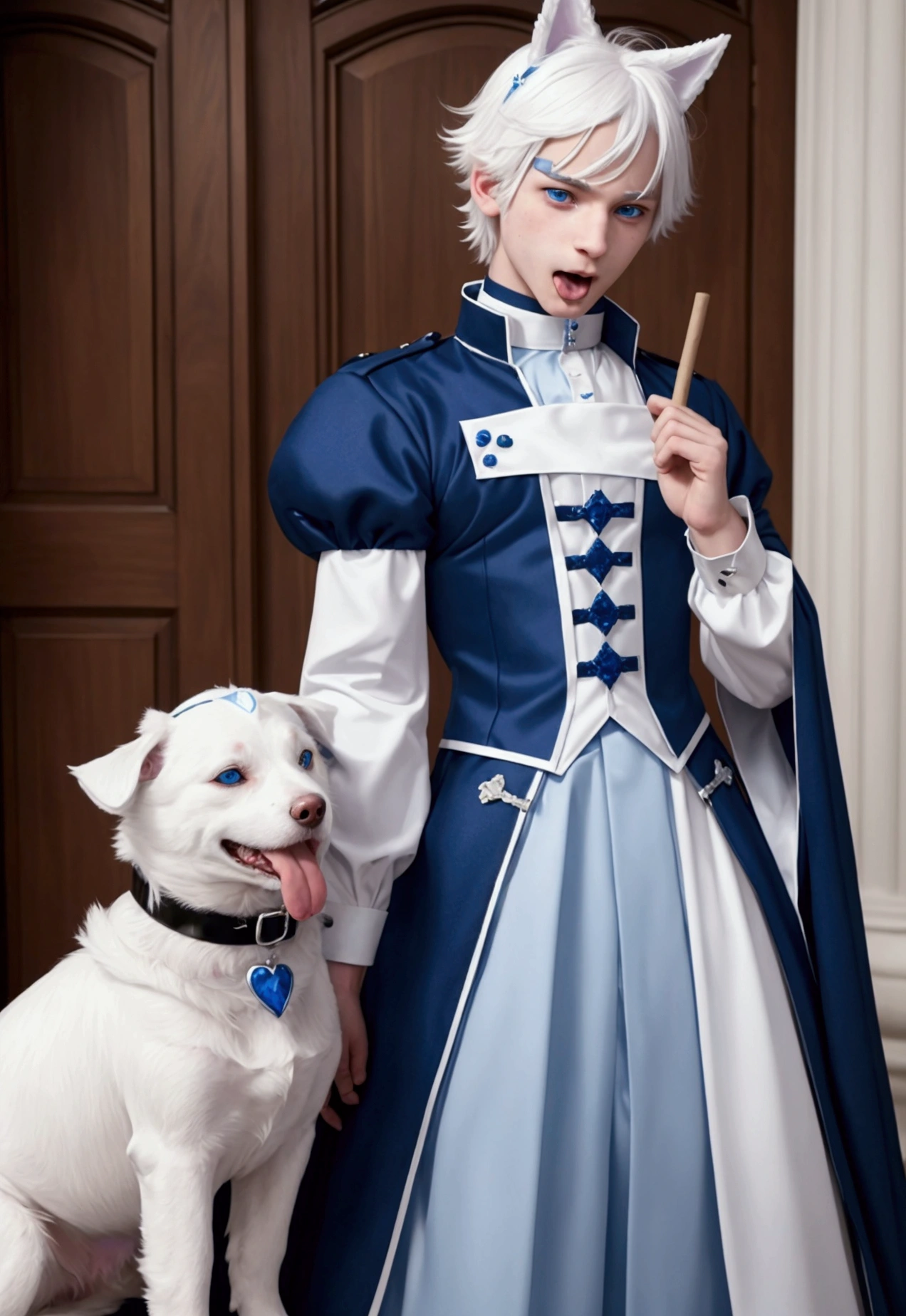 young teenage man, White hair, Blue eyes, crossdressing, Wearing a dog collar, dog ears, Stick out tongue, embarrassed, prince dress