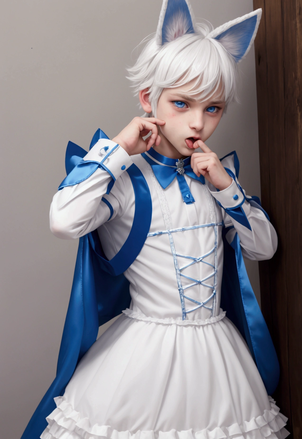 young age man, White hair, Blue eyes, crossdressing, Wearing a dog collar, dog ears, Stick out tongue, embarrassed, prince dress