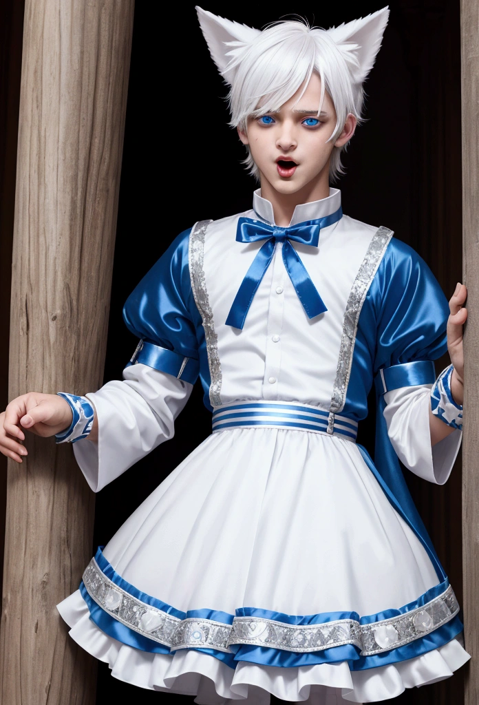 young teenage man, White hair, Blue eyes, crossdressing, Wearing a dog collar, dog ears, Stick out tongue, embarrassed, prince dress