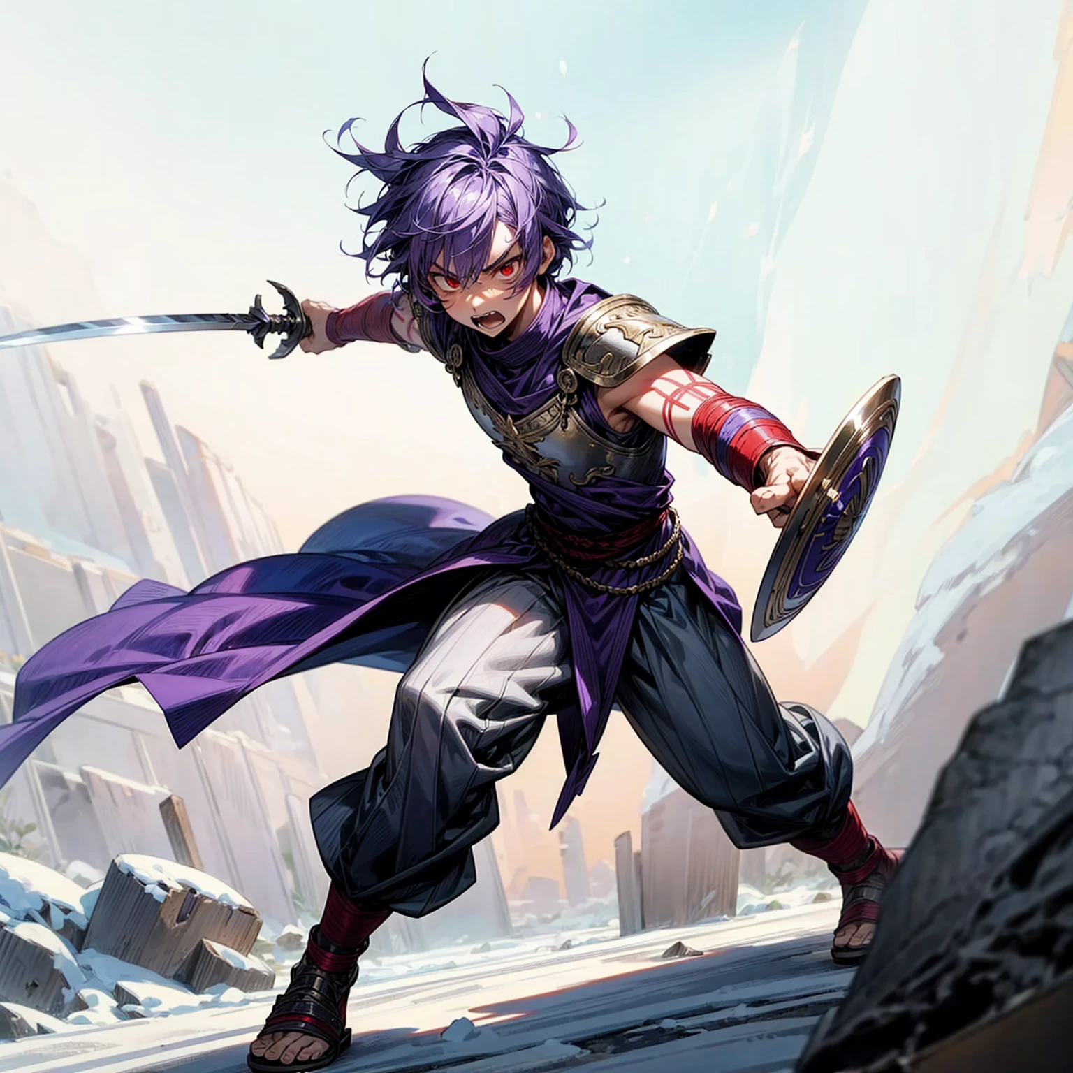 boy, Full background in snow town, red eyes, angry, angry eyes, short Curly hairstyle, purple colour hair, motion blur, lighting, armor, sword in hand, Small shield in hand, sandals, ancient Greek clothing