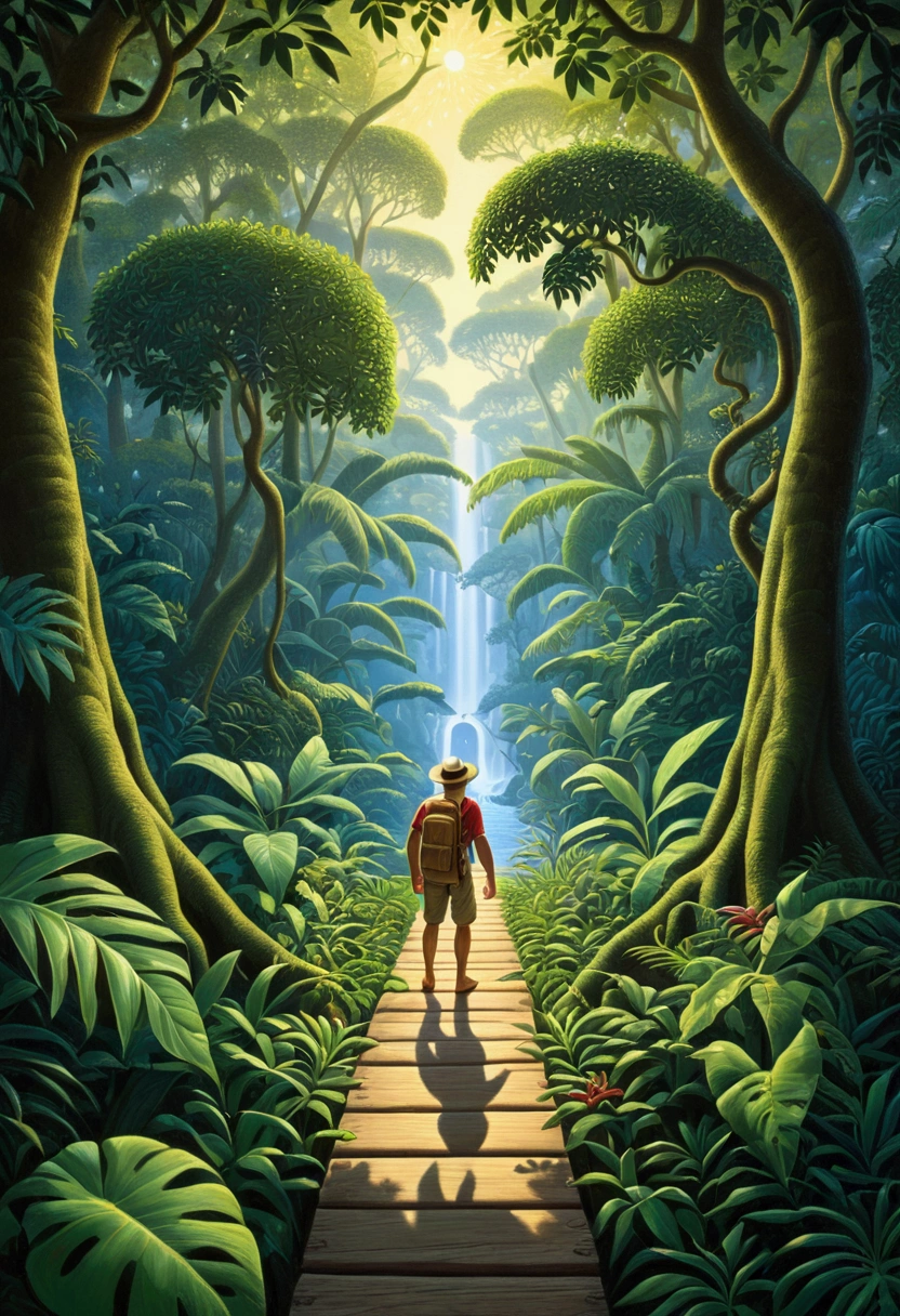 Jungle Adventurer, full body, by Rob Gonsalves, cinematic still, (best quality, masterpiece), very aesthetic, perfect composition, intricate details, ultra-detailed, vivid colors