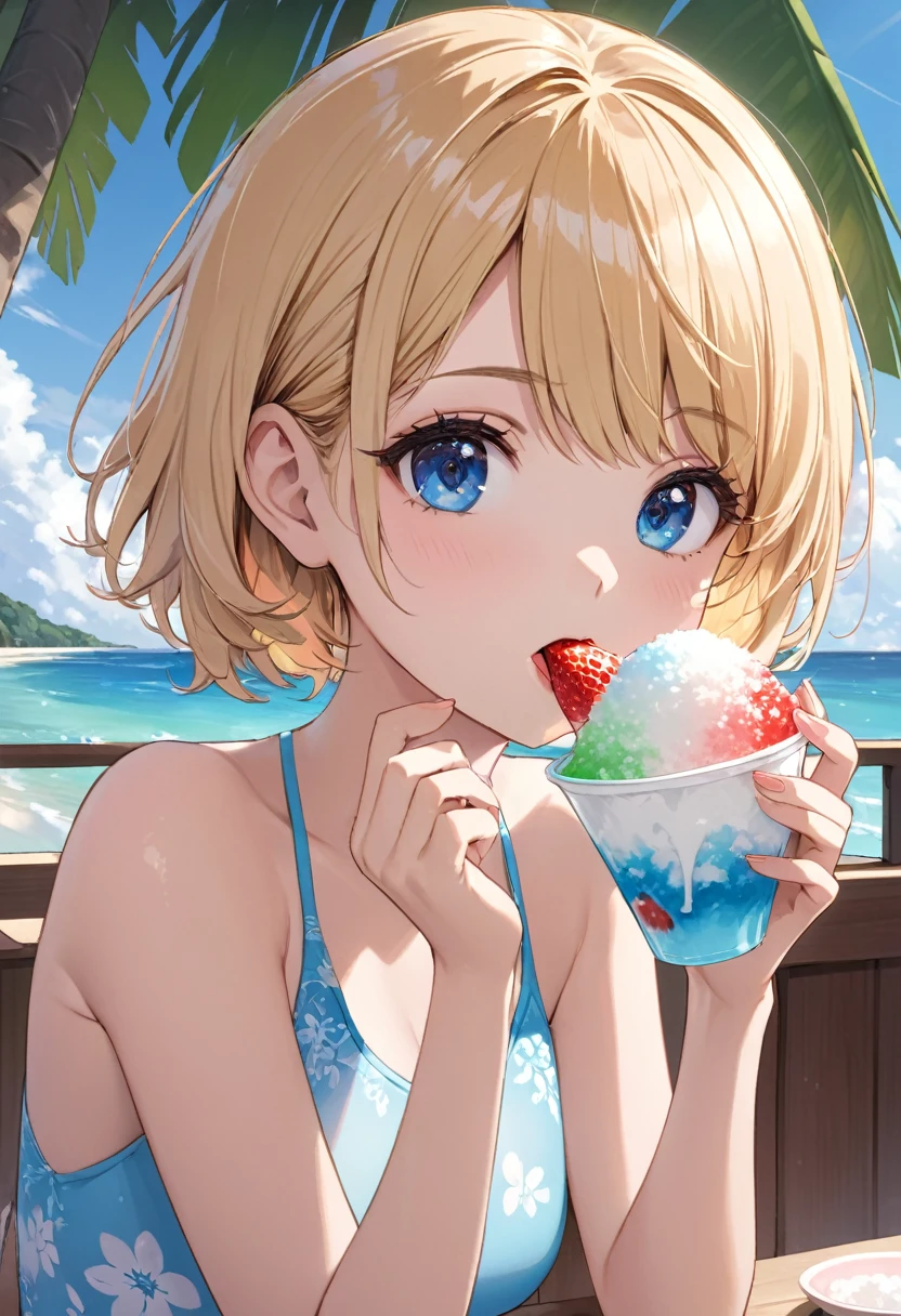 One girl, blonde short hair, wearing a swimsuit and eating shaved ice, shaved ice, shaved ice with strawberry syrup,(((masterpiece))), (((best quality))), ((ultra-detailed)), (illustration), (detailed light),((an extremely delicate and beautiful)),(beautiful detailed eyes),