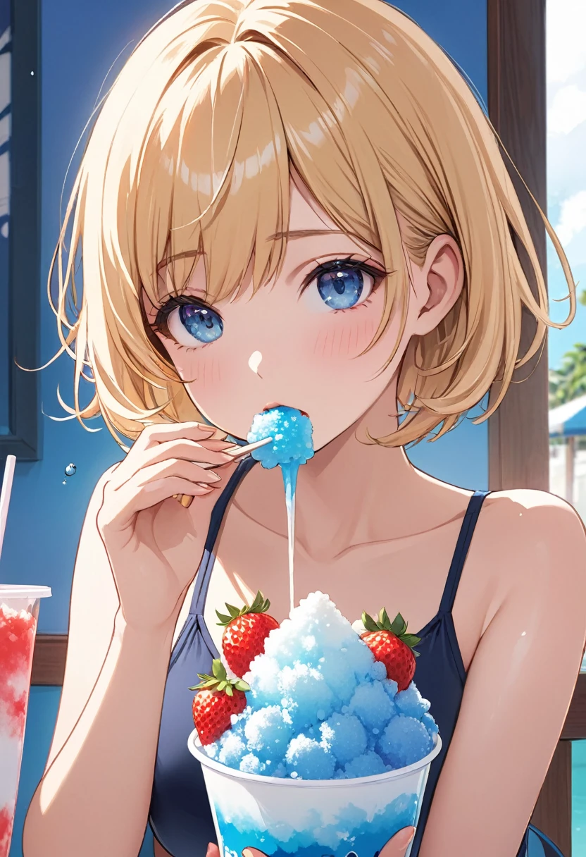 One girl, blonde short hair, wearing a swimsuit and eating shaved ice, shaved ice, shaved ice with strawberry syrup,(((masterpiece))), (((best quality))), ((ultra-detailed)), (illustration), (detailed light),((an extremely delicate and beautiful)),(beautiful detailed eyes),