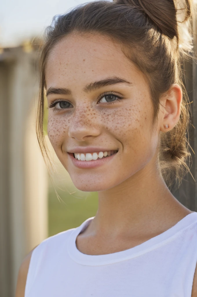 A pretty 14 years old girl, hair bun, freckles, sexy, smile