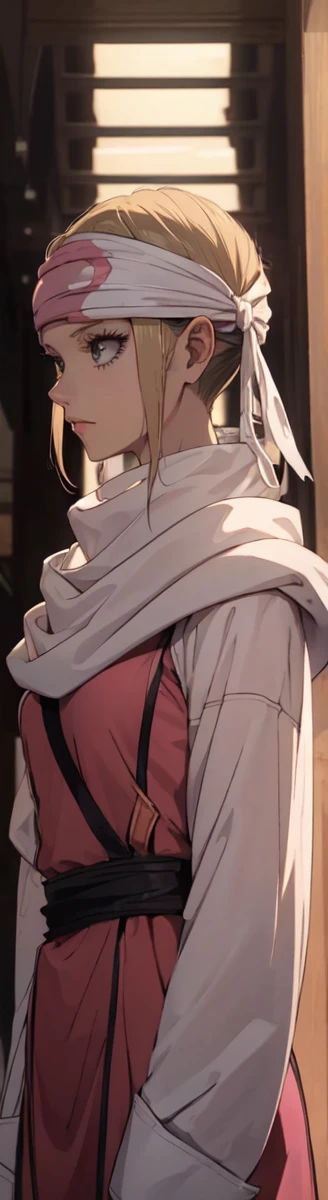 masterpiece), best quality, high resolution blonde 1girl bob cut medium hair standing alone cowl headband profile image looking at viewer beautiful eyes beautiful face extremely detailed pink clothing girly