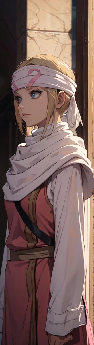 masterpiece), best quality, high resolution blonde 1girl bob cut medium hair standing alone cowl headband profile image looking at viewer beautiful eyes beautiful face extremely detailed pink clothing girly