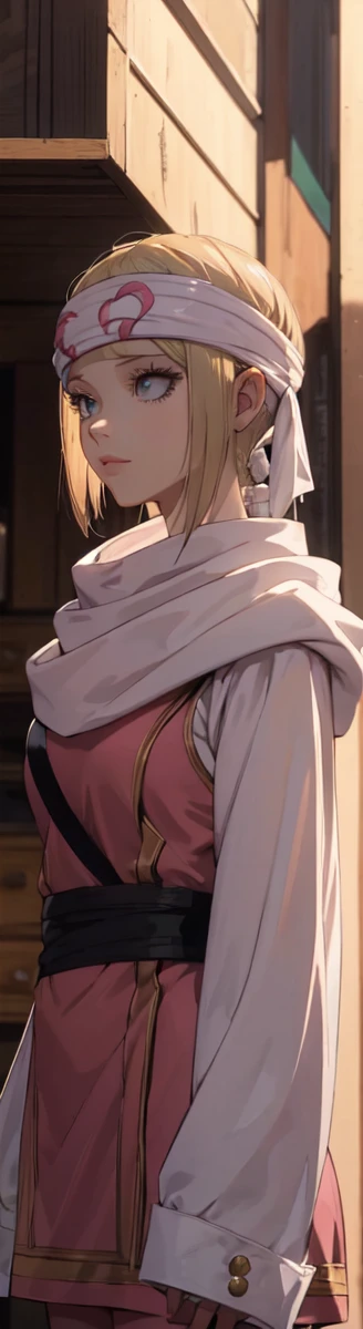 masterpiece), best quality, high resolution blonde 1girl bob cut medium hair standing alone cowl headband profile image looking at viewer beautiful eyes beautiful face extremely detailed pink clothing girly