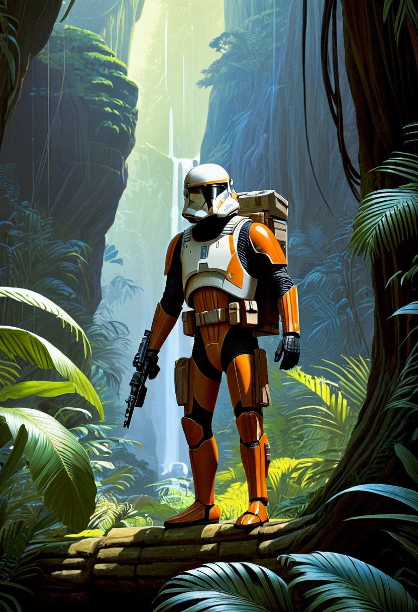 Jungle Adventurer, full body, by Ralph McQuarrie, cinematic still, (best quality, masterpiece), very aesthetic, perfect composition, intricate details, ultra-detailed, vivid colors