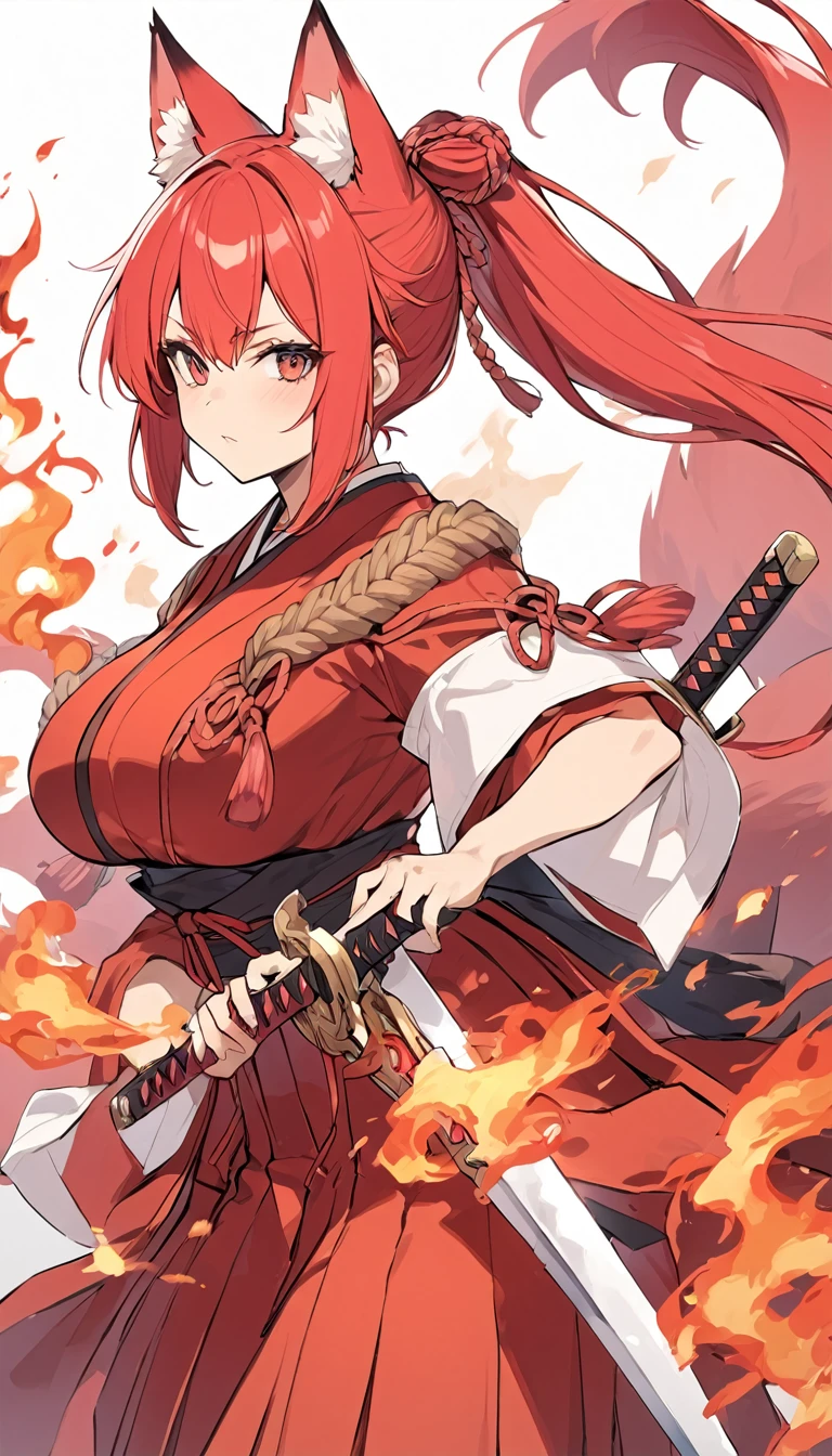 Long red ponytail Red fox ears and nine fox tails Very large bust Hakama with a red jacket Sword Flames Older sister