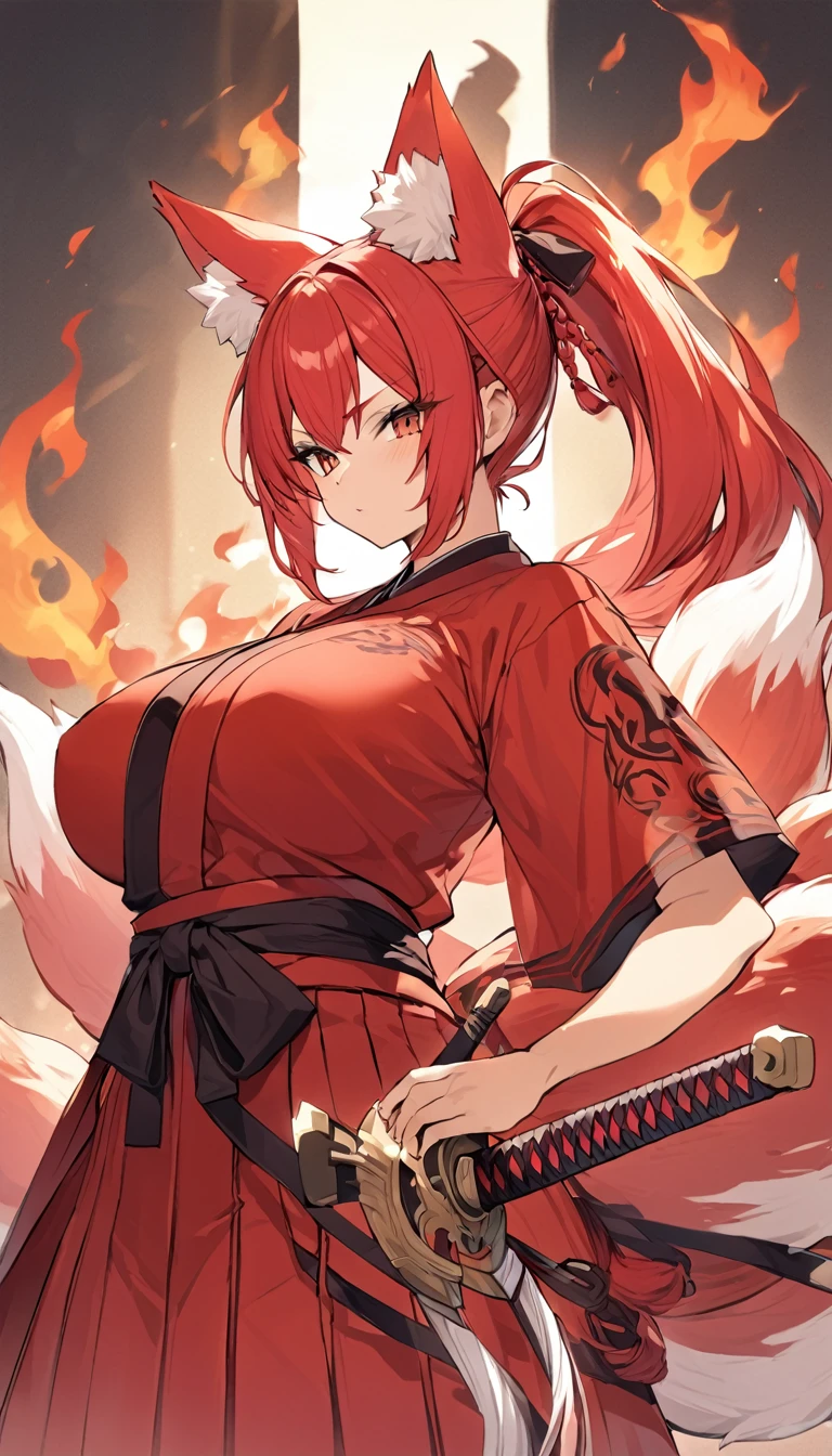 Long red ponytail Red fox ears and nine fox tails Very large bust Hakama with a red jacket Sword Flames Older sister