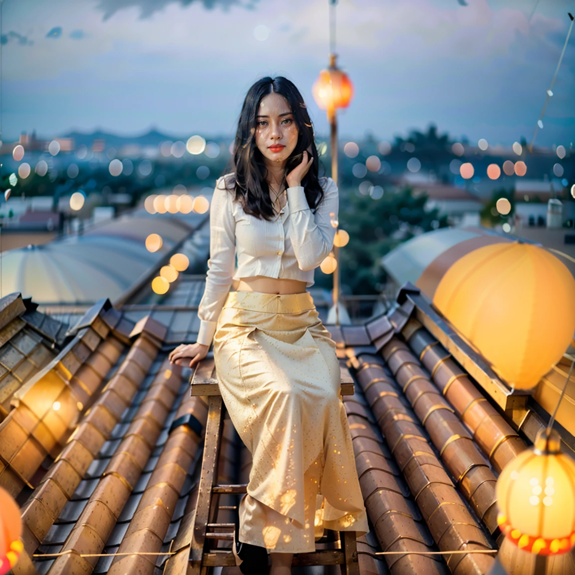 Burmese beautiful woman, 1 girl, solo, pretty lady MoonLay, innocent cute smile, red lips, (stylishly sitting on a stool and seductively gazing to the sky pose:1.5), smooth face skin, traditional beauty, cinematic portrait glow lighting, traditional dress, (white shirt:1.3), (red skirt:1.3), high heel, (full body view:2), (rooftop balcony with vibrant colorful hanging lanterns background:1.5), (cinematic bokeh blur background:1.5), cinematic lighting, perfect anatomy,