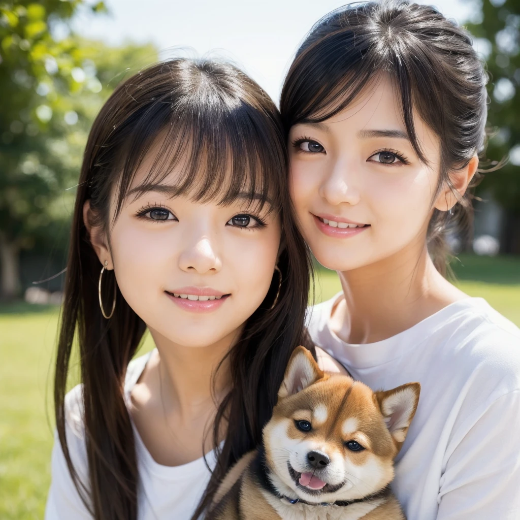 (Details of a very cute face), (Best Quality:1.4), 8K resolution, High resolution, 1girl, cute , best cute, Super cute detailed face, Smooth skin, inely detailed beautiful eyes, Official portrait, Fine skin texture, Gloss on lips, Parted lips, Japanese, casual fashion, happy smile, wariza, Shiba Inu puppy, Holding a Shiba Inu puppy, Shiba Inu licks a girl's cheek