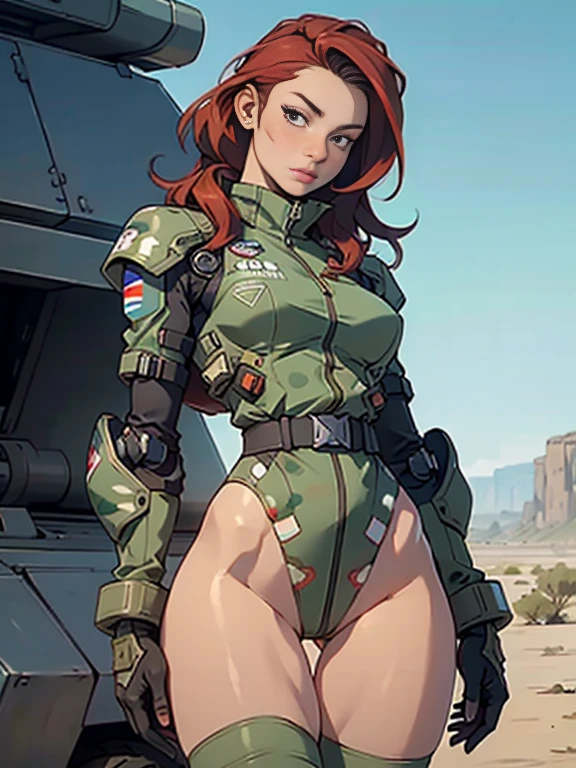 1woman 20 years old, military, beautiful, perfect body, realistic, red hair, perfect body, thin waist,  , large breasts, slim thighs, desert background, armored vehicle, flying fighters, military robot dog, camouflaged uniform, wealth of details, tight panties, marking on the front, slender knees, highly detailed, high resolution, prefect hands, slender thighs, show knees, thigh gap, alert eyes