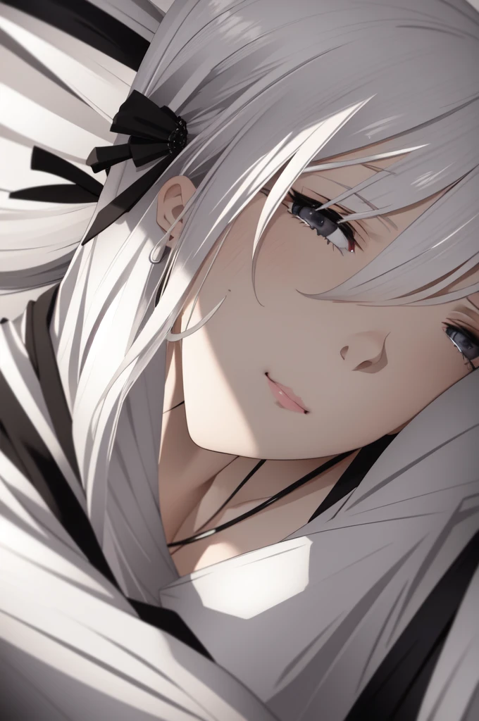 Dream girl white hair black dress gray eyes,lying on the bed looking at me,bust,from_side,stare,eye-contact,looking_at_viewer,wife,seductive_smile,blush,on_side,shirt_pull,