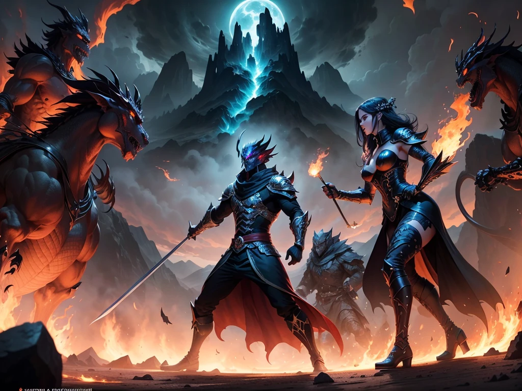 Title: Cover Art for "O Clã: Reino das Sombras"

Description:
"Create a dramatic and captivating cover art for the anime titled 'O Clã: Reino das Sombras.' The cover should feature the following elements:

Central Focus: A powerful and imposing figure representing the leader of the Dragon Clan, Kaida, in her intricately detailed battle attire with dragon symbols. She should be in a commanding pose, exuding strength and authority.

Background: The background should depict a dark and mysterious realm with a dramatic and stormy sky. Include elements of shadowy landscapes and towering mountains to reflect the 'Reino das Sombras' theme.

Supporting Characters: Surround Kaida with key members of the Dragon Clan in dynamic action poses. Show a few warriors in battle-ready stances, with one wielding a spear, another swinging a sword, and an archer ready to shoot.

Title Text: At the top or bottom of the cover, prominently display the title "O Clã: Reino das Sombras" in bold, stylized font that fits the fantasy theme. The text should be ornate and dramatic, perhaps incorporating dragon motifs or shadow effects.

Atmosphere: The overall atmosphere should be epic and intense, with high contrast between light and shadow to emphasize the conflict and grandeur of the story.

Color Scheme: Use a color palette with dark tones, such as deep blues, purples, and blacks, accented by fiery reds and golds to highlight the central figure and important elements."