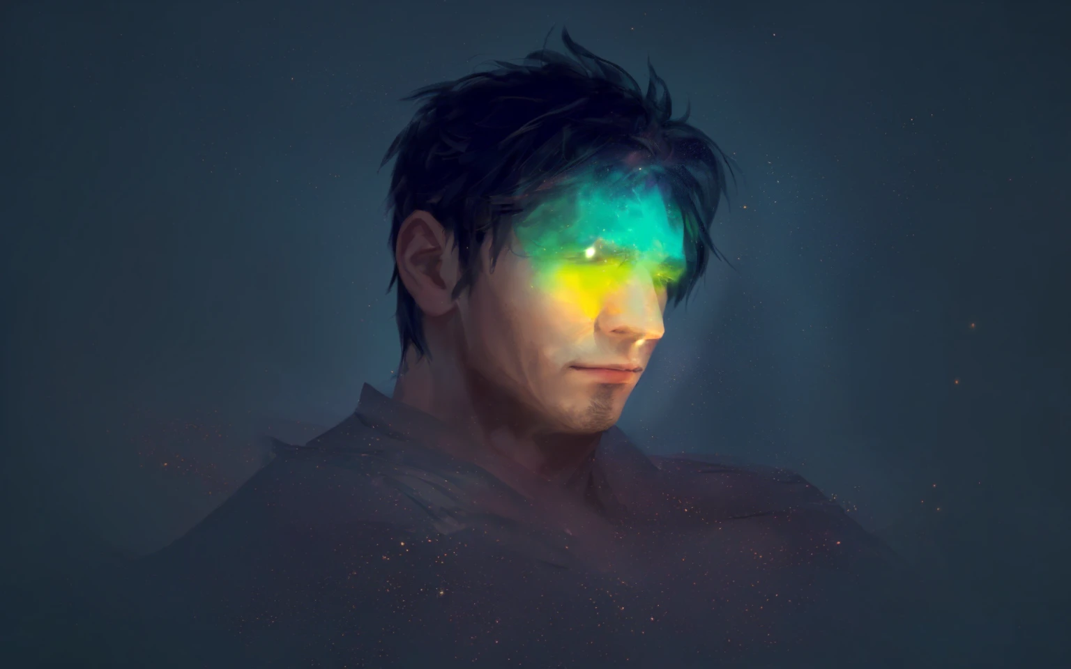 Generate a digital painting of a handsome, clean-shaven young man with prominent chest muscles, set in a mystical and ethereal environment. The scene is bathed in soft, magical light with a spectrum of rainbow colors illuminating his face, casting an enchanting glow on his features. The background features a dark, starry night sky with shimmering particles and distant, mystical landscapes. Include elements such as a gentle, glowing mist, floating lanterns, and subtle, ancient ruins partially covered in ivy. The overall atmosphere should evoke a sense of tranquility, mystery, and otherworldly beauty, with a focus on intricate details and a dreamlike quality.