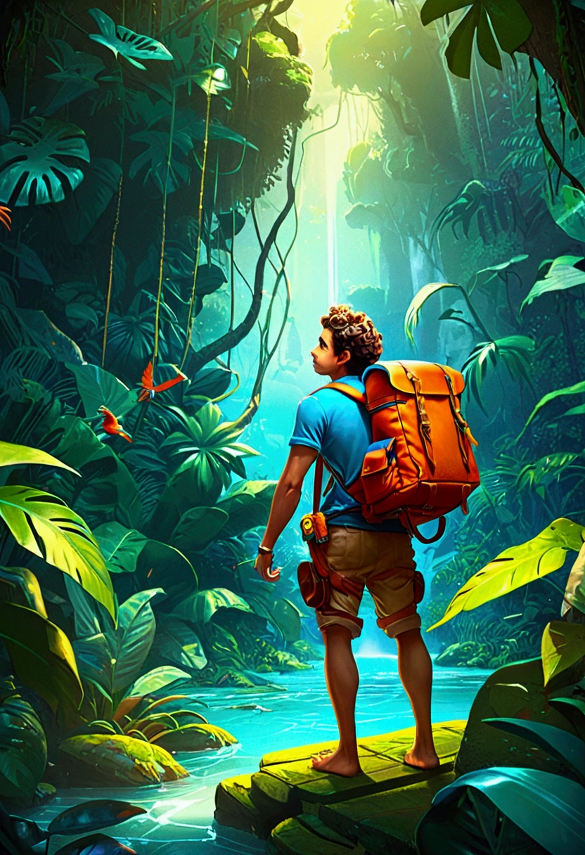 Jungle Adventurer, full body, by Cyril Rolando, cinematic still, (best quality, masterpiece), very aesthetic, perfect composition, intricate details, ultra-detailed, vivid colors