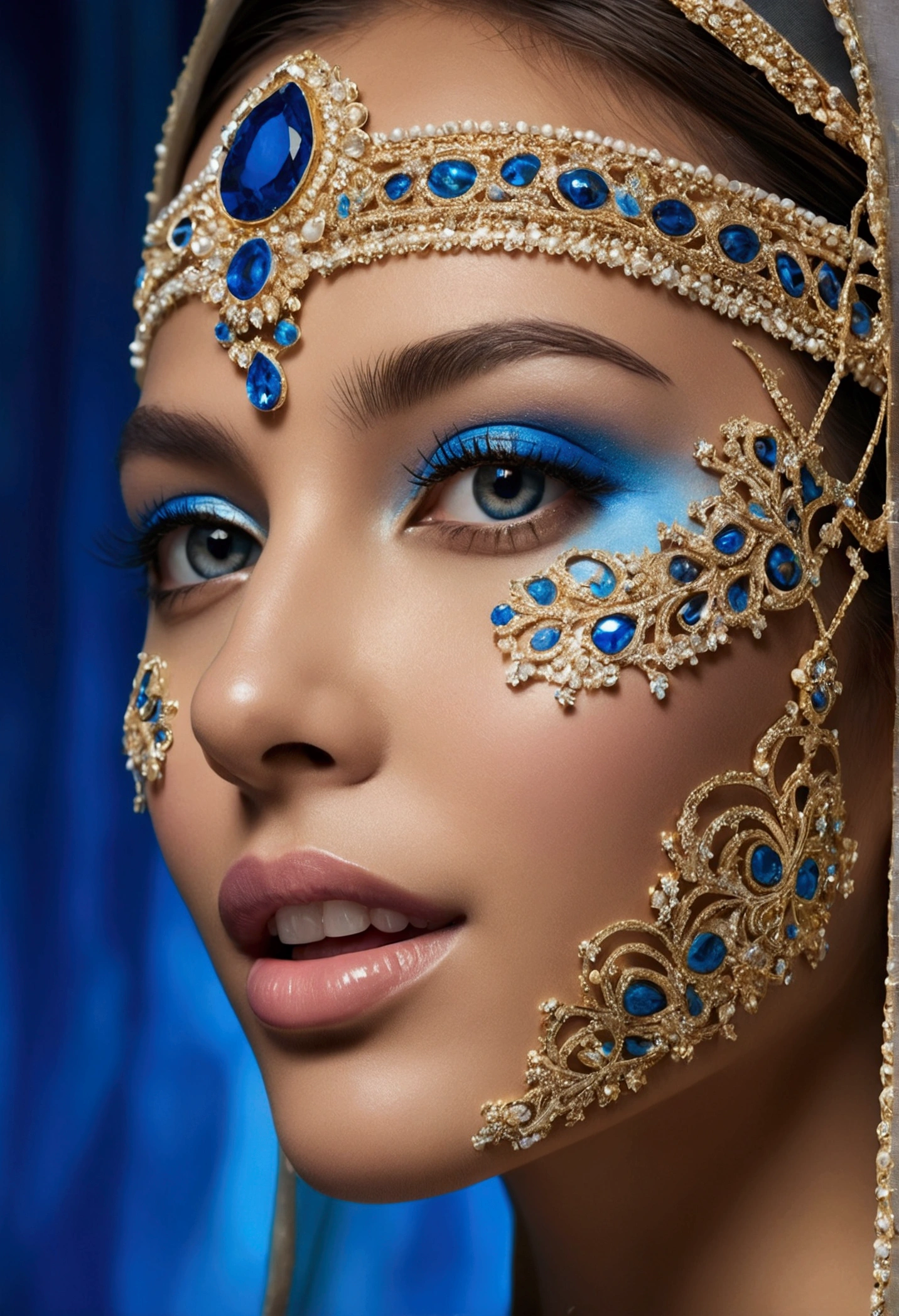 An exquisite, ultra-detailed close-up of an artistic face with a lifelike intensity that captivates the viewer. The skin of this ethereal being is a mesmerizing shade of blue, shimmering as if kissed by the light of a distant moon. Each pixel of the high-definition, 8K resolution masterpiece is meticulously crafted to reveal the intricate patterns of light that dance across the surface, creating a dazzling, golden web of adornment. The eyes, the soul's windows, are a striking shade of sapphire blue, so vivid and deep that they seem to hold the secrets of the cosmos within their depths. The pupils are fringed with a fine, sparkling halo, adding to the overall sense of enchantment. The eyelashes are delicately rendered, casting fine shadows that enhance the lifelike quality of the portrait. The cheekbones are gently draped with a veil of light, hinting at the presence of an unseen source that bathes the entire face in a heavenly glow. The lips, a soft blend of blue and pink, are slightly parted, as if the subject is about to speak or laugh, revealing a set of pearly white teeth. The nose, chin, and jawline are chiseled to perfection, showcasing the artist's mastery of form and structure. The background fades into an abstract swirl of colors, focusing the viewer's attention solely on the face. The golden sparkles scattered across the skin and the complex patterns of light play off the blue hue, creating a visual symphony that is as mesmerizing as it is intricate. This close-up is not just a picture; it is a digital monument to beauty and artistry, a testament to the power of technology to recreate the sublime. Seed digital wall art factory 