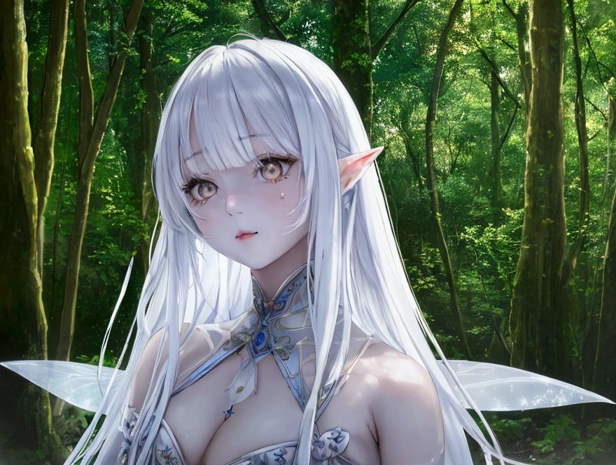 1人のFairyの女の子, Beautiful Face, ((White eyes)),,  performer, space, (Lightroom:1.13), Soft Light, (Natural skin texture:1.2), (Hyperrealism:1.2), Sharp focus, Concentrated,In the mysterious forest,Detailed clothing design,medium shot, cowboy shot (Fairy:1.13)