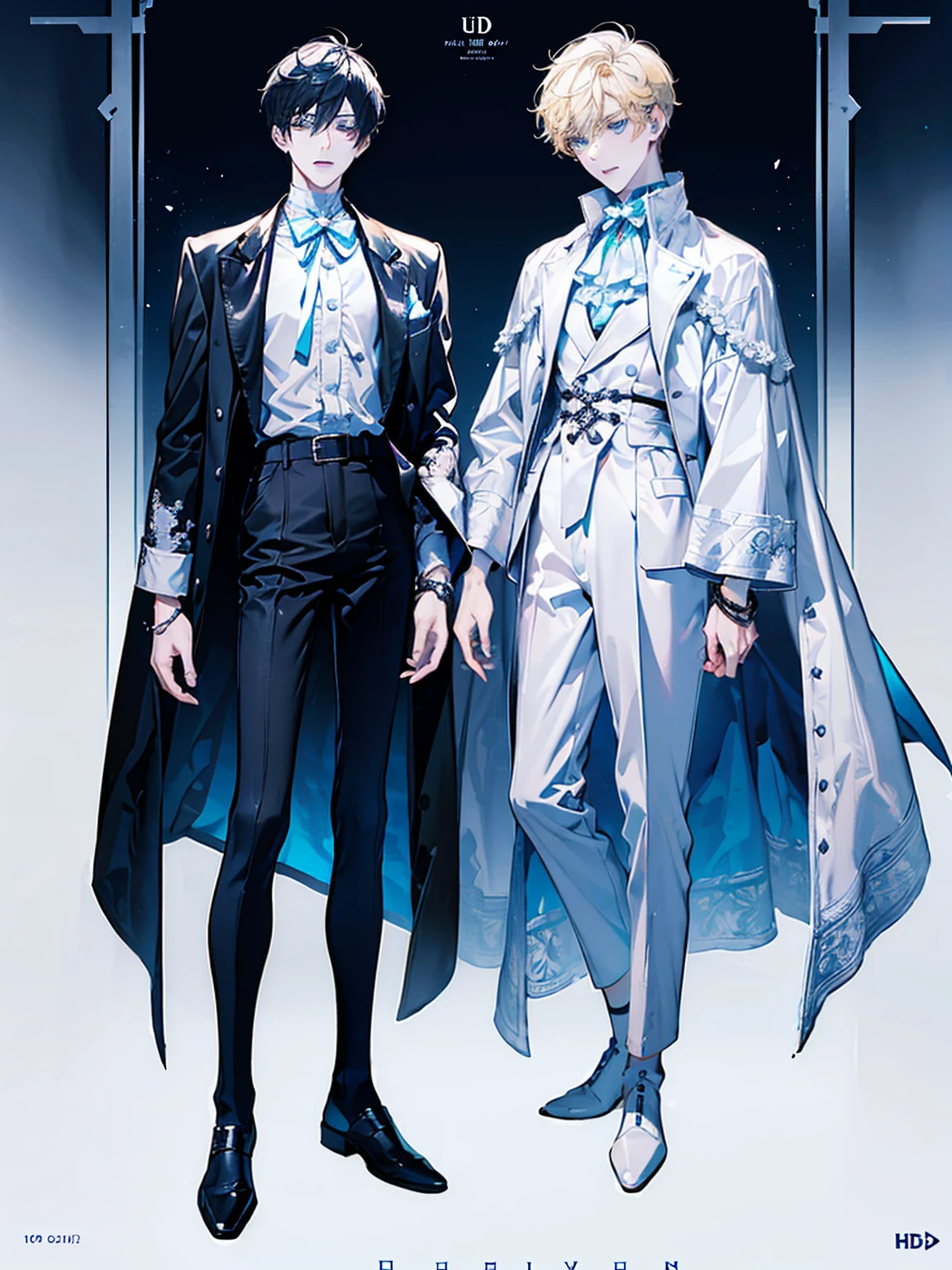 ((full body: 2)), ((UHD, masterpiece, super detail, best quality, highres, 8k)), (detailed line art), perfect face, perfect body, perfect hands, perfect feet. 

Humans, around 20 years old, (2 males: 2.0), ((two characters)), male idols, (simple background, magazine cover style: 1.5).

 Features of the first person :Gentle atmosphere, standing on the right, (bright blonde hair), (parallel eyebrows, light blue eyes, droopy eyes, thin lips), (white top, collarbone-revealing shirt, puffed sleeves shirt, white ribbon decorations:1.5, white frill decorations:1.5, white corset, high-waisted white pants, white belt, white leather shoes), (white ribbon choker), (angelic atmosphere), (looking forward).

 Features of the second person : Cool atmosphere, standing on the left, (black hair), (parallel eyebrows, light blue eyes, slanted eyes, thin lips), (black top, high-neck top, tight-fitting top, black jacket, short-length jacket, black belt decorations:1.5, black pants, black belt, black leather shoes), (black earrings, black bracelet), (devilish atmosphere), (looking forward).