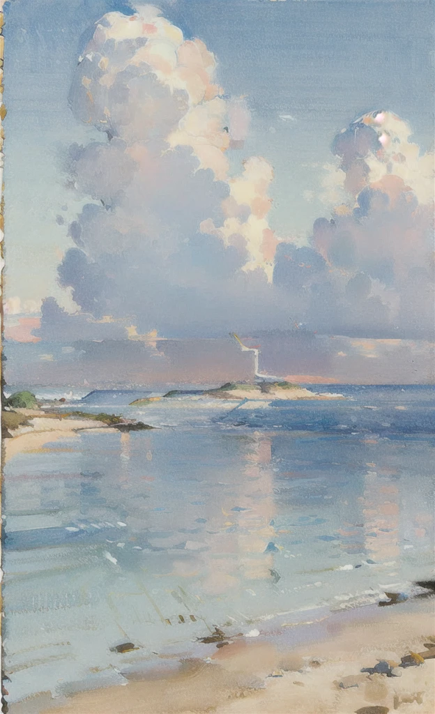 no humans, scenery, outdoors, sky, water, ocean, day, blue sky, traditional media, horizon (illustration:1.0), masterpiece, best quality,